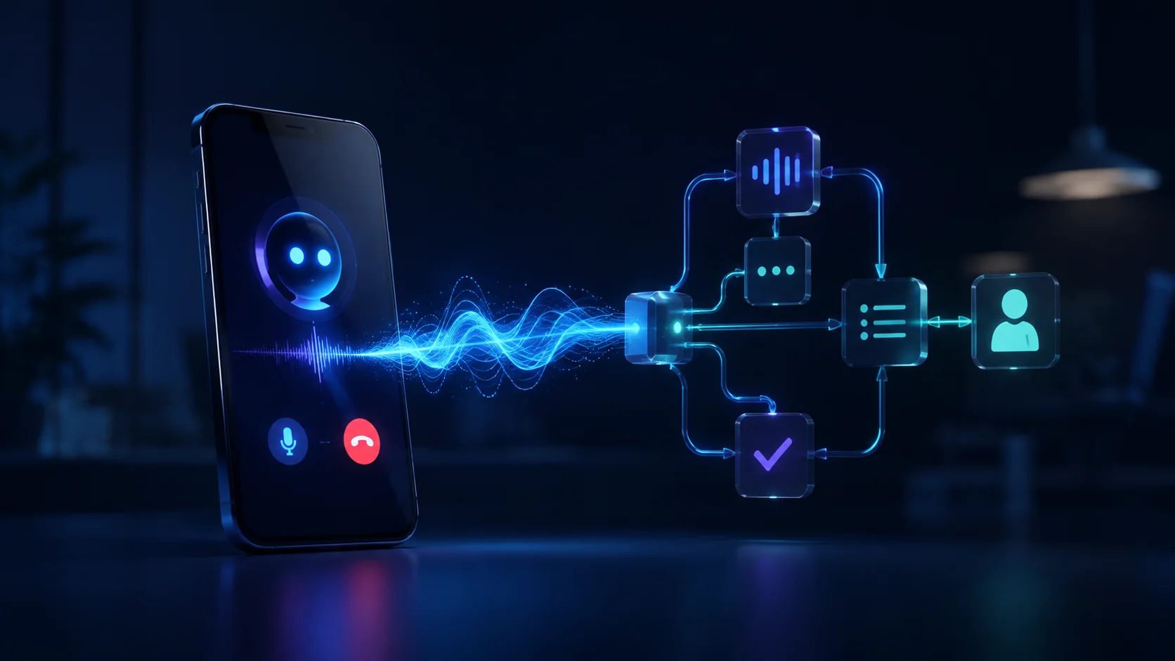 AI telefonos asszisztens hanghullámmal, üzleti munkafolyamattal és emberi átadási ponttal