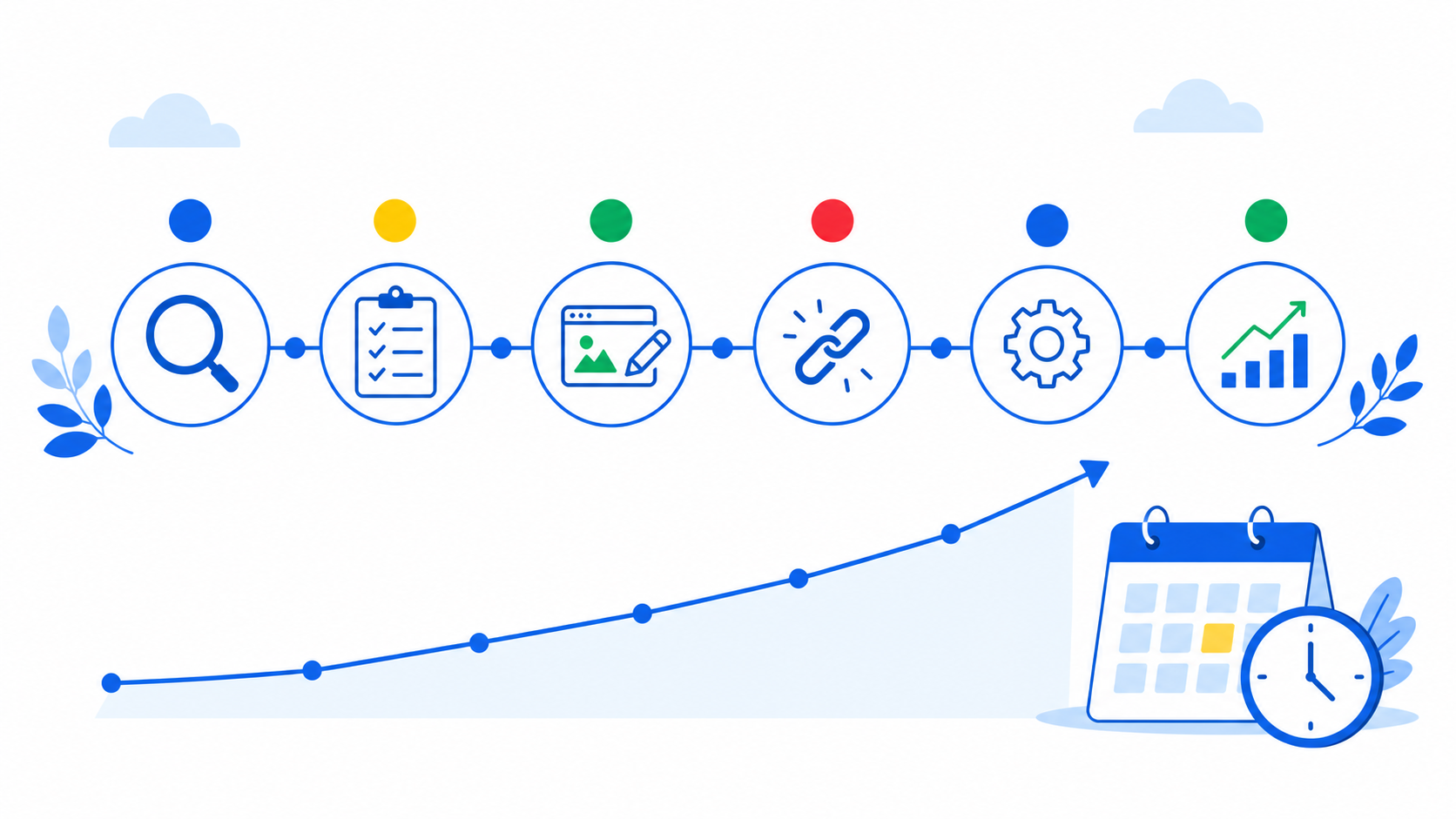 Fokozatos SEO növekedési idővonal naptárral, keresési és technikai mérföldkövekkel