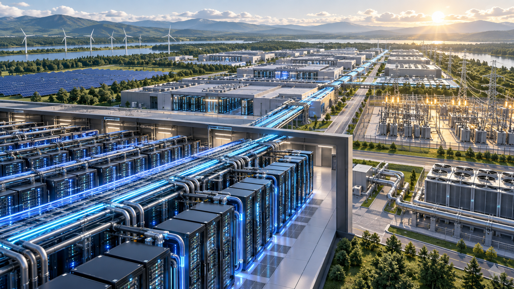Nagy teljesítményű, folyadékhűtéses AI-szerverek és energia-infrastruktúra az OpenAI és NVIDIA együttműködés szemléltetésére