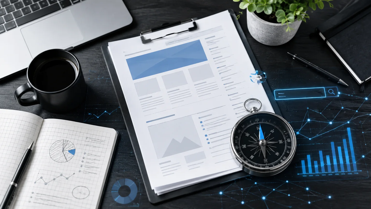 SEO tanácsadási brief, weboldalvázlat, analitikai jegyzetek és keresési iránytű egy asztalon