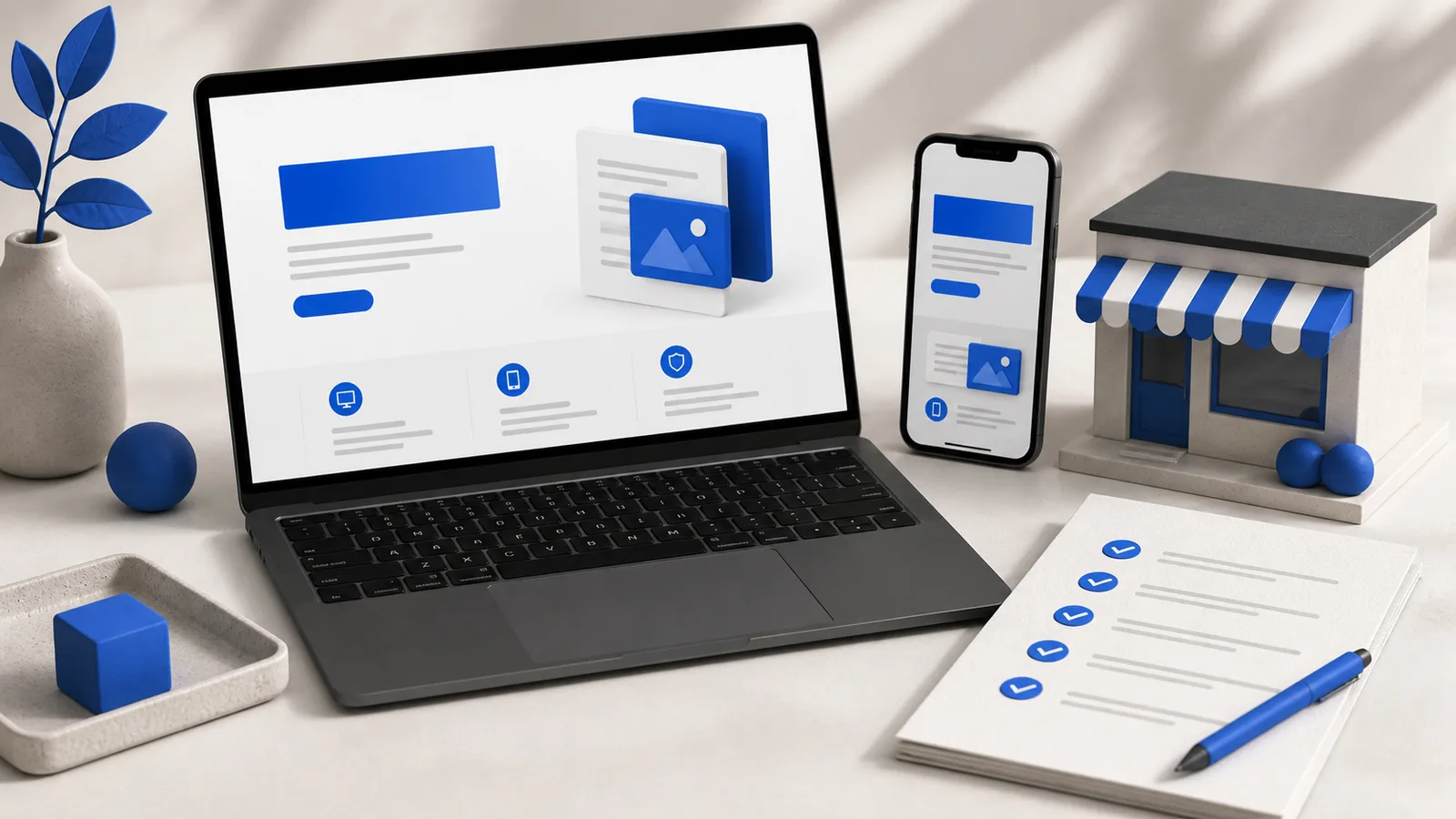 AI-illusztráció mobilbarát weboldalról, laptopról és átadási ellenőrzőlistáról