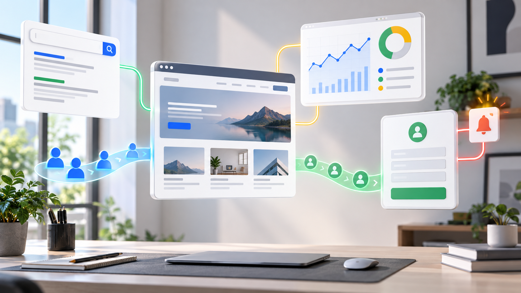 Weboldalt, keresési láthatóságot, érdeklődőutat és mérést összekapcsoló digitális rendszer