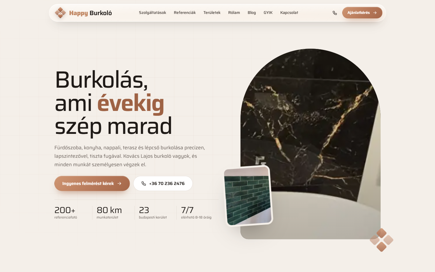 Happy Burkoló új weboldal (happyburkolo.hu) – asztali nézet